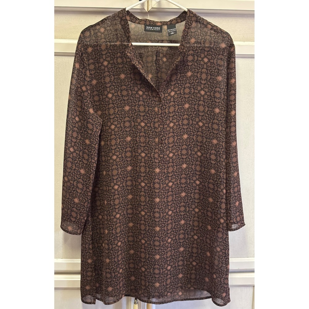 New York & Company Brown Sheer Tunic Top L Long Sleeve Patterned Blouse